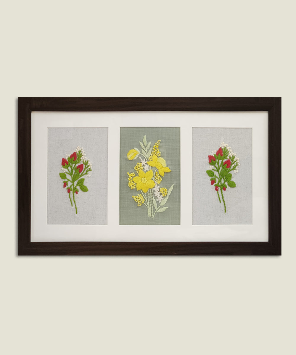 Spring Story 3-panel Hand Embroidered Wall Hanging | Acrylic Framed Wall Art