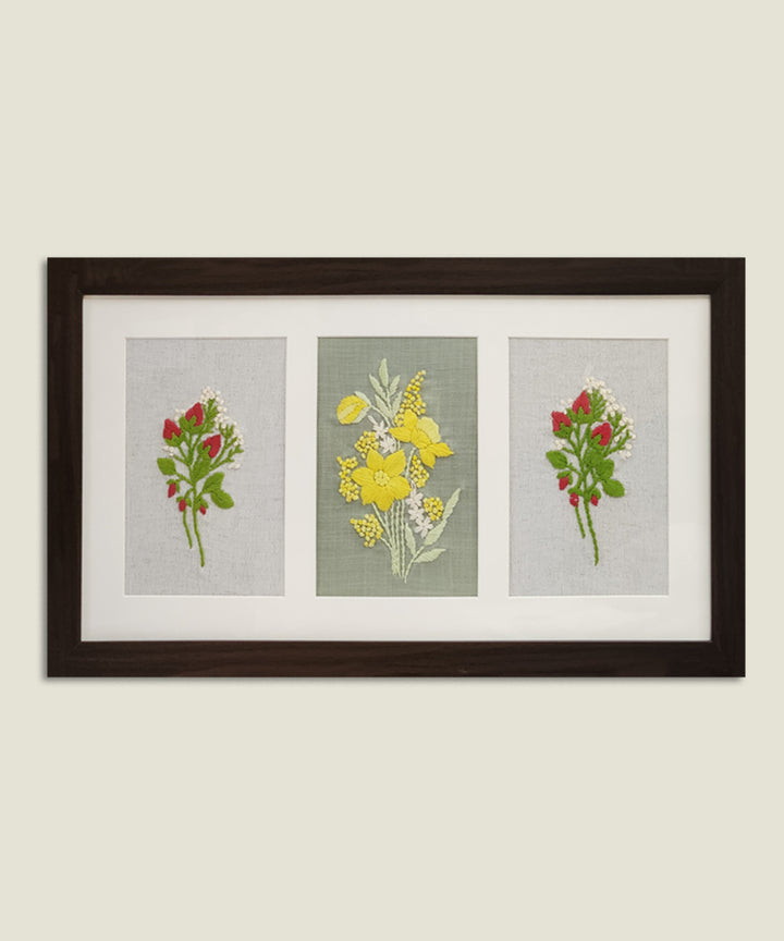 Spring Story 3-panel Hand Embroidered Wall Hanging | Acrylic Framed Wall Art