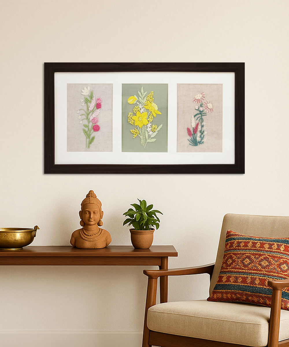 Floral Whisper 3-panel Hand Embroidered Wall Hanging | Acrylic Framed Wall Art