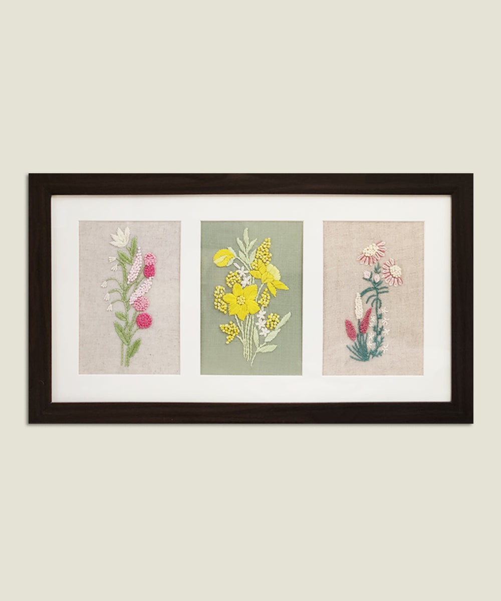 Floral Whisper 3-panel Hand Embroidered Wall Hanging | Acrylic Framed Wall Art
