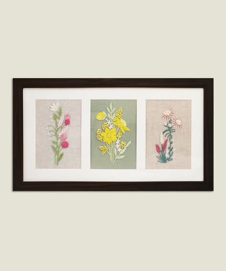 Floral Whisper 3-panel Hand Embroidered Wall Hanging | Acrylic Framed Wall Art