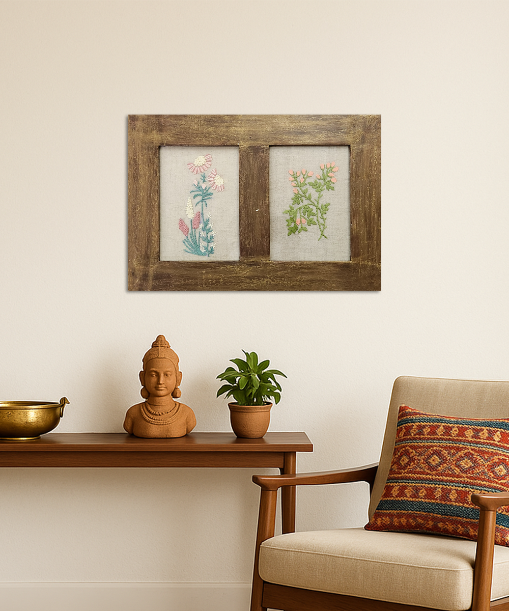 Cottage Garden 2-Panel Hand Embroidered Wall Accent | Wooden Framed Wall Art