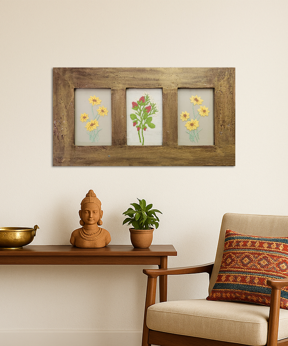 Trio Floral Hand Embroidered Wall Hanging | Wooden Framed Wall Art
