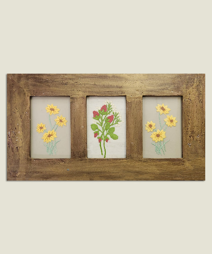 Trio Floral Hand Embroidered Wall Hanging | Wooden Framed Wall Art