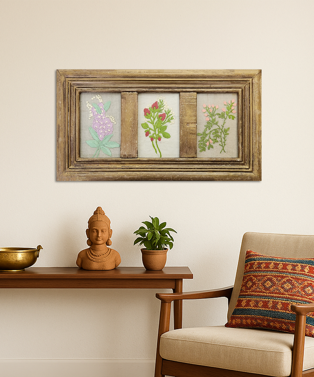 Three Fold Blossom Hand Embroidered Wall Hanging | Wooden Framed Wall Art