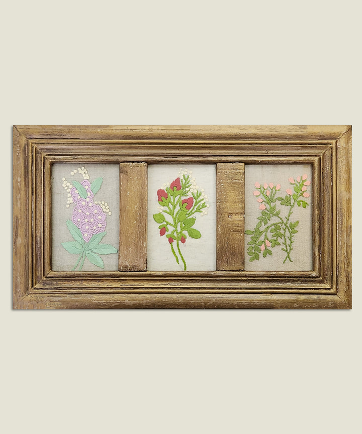 Three Fold Blossom Hand Embroidered Wall Hanging | Wooden Framed Wall Art