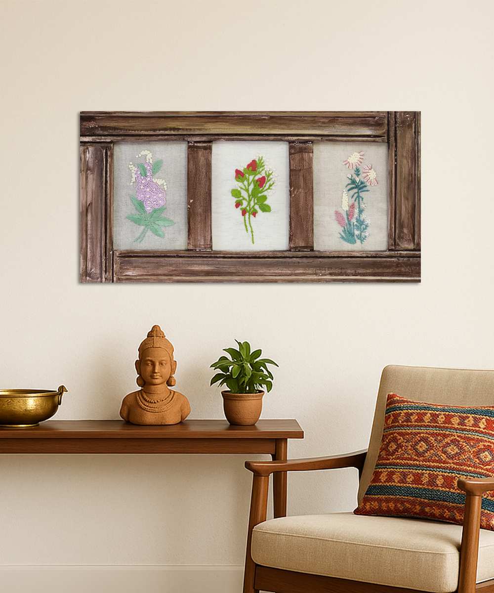 Foral Trifecta Rustic Hand Embroidered Wall Hanging | Wooden Framed Wall Art