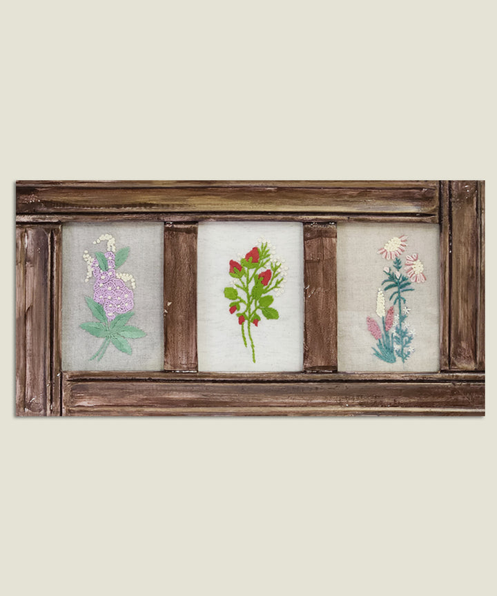 Foral Trifecta Rustic Hand Embroidered Wall Hanging | Wooden Framed Wall Art