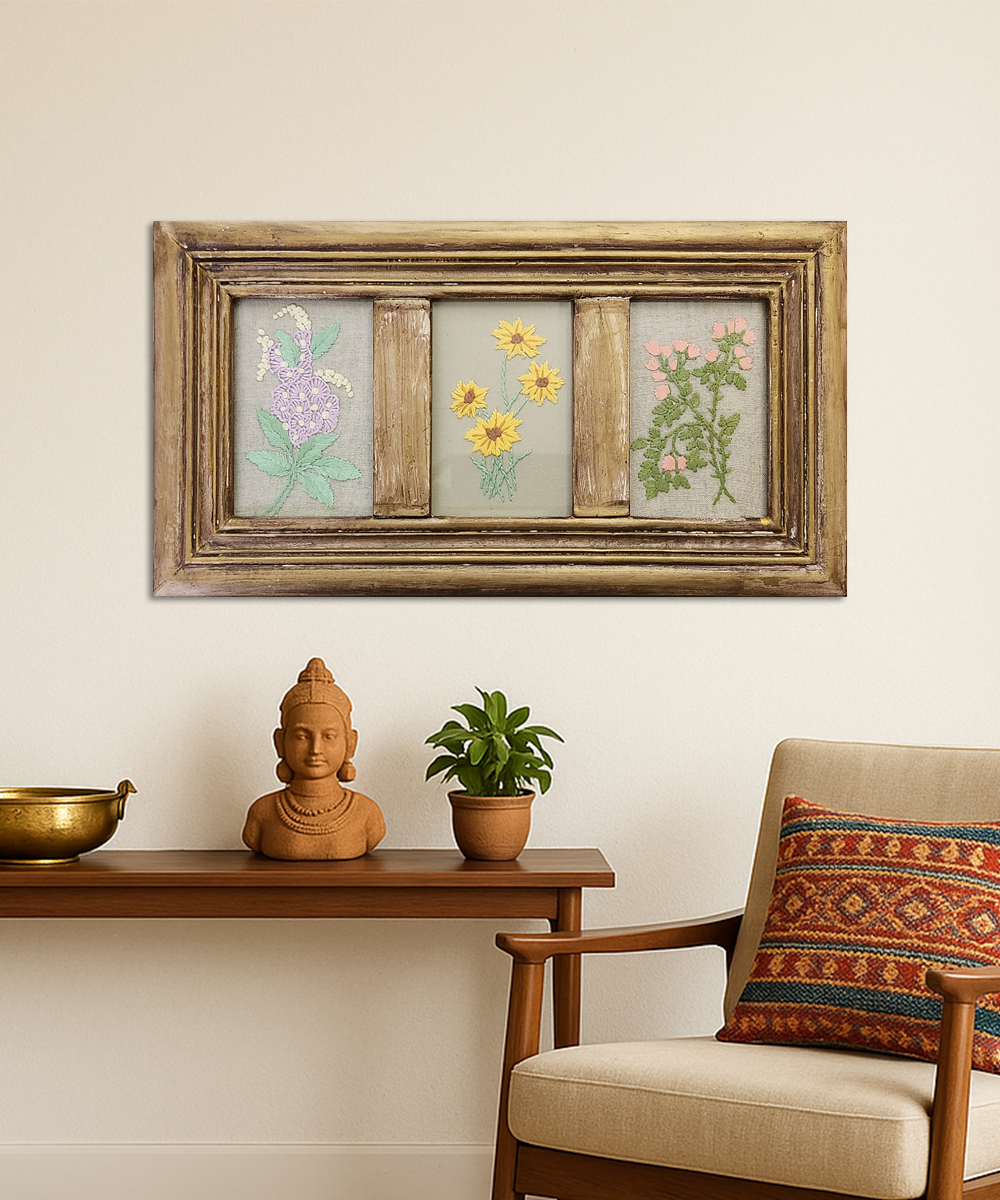 Floral Window Hand Embroidered Wall Accent | Wooden Framed Wall Art