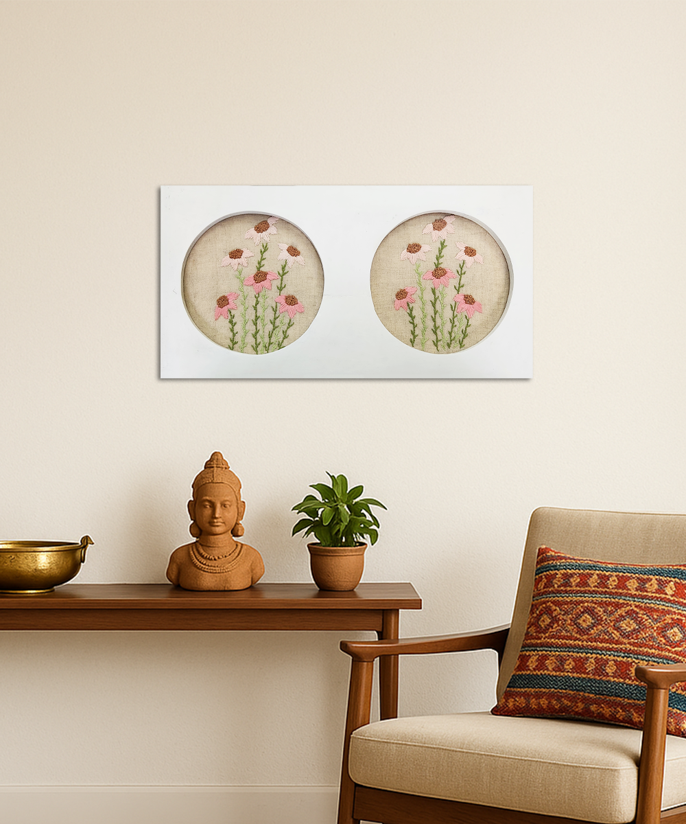 Floral Chorus Hand Embroidered Wall Hanging | Wooden Framed Wall Art