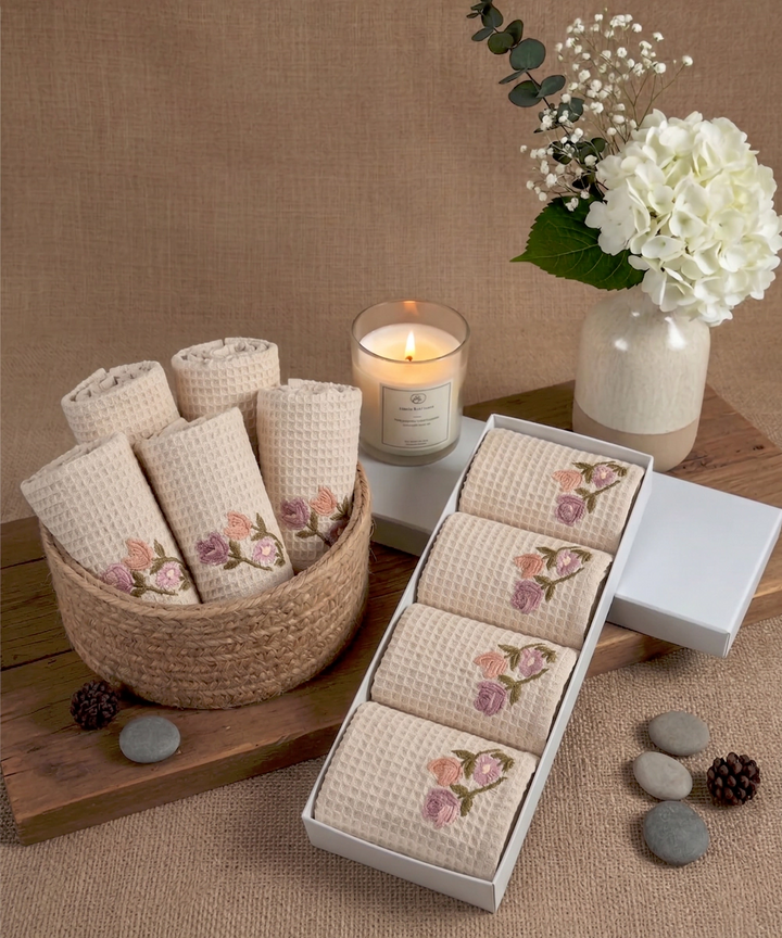 Embroidered Face Towel - Set of 4 pcs in Soft Cotton Waffle | Beige