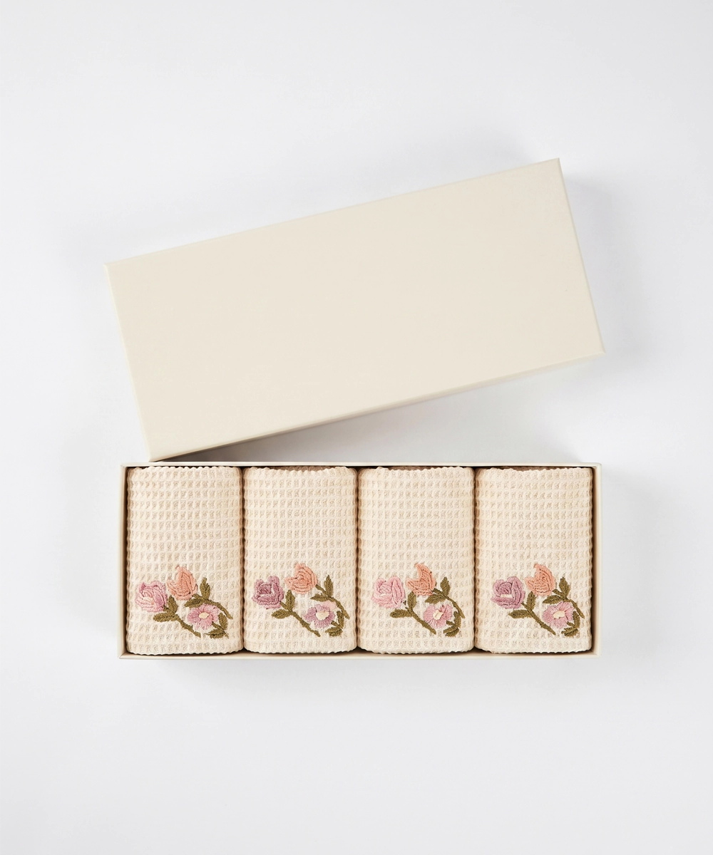 Embroidered Face Towel - Set of 4 pcs in Soft Cotton Waffle | Beige