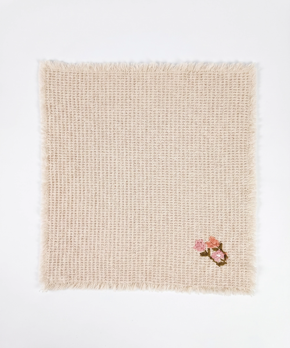 Embroidered Face Towel - Set of 4 pcs in Soft Cotton Waffle | Beige
