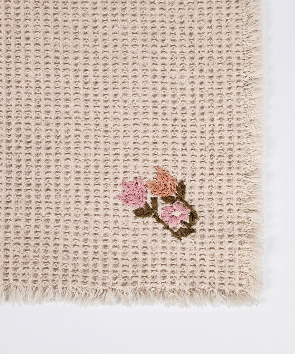 Embroidered Face Towel - Set of 4 pcs in Soft Cotton Waffle | Beige