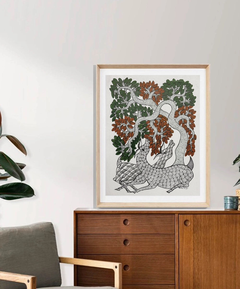 Gond Hand Painting | Two Deer | 11.5 x 15 Inches | Unframed
