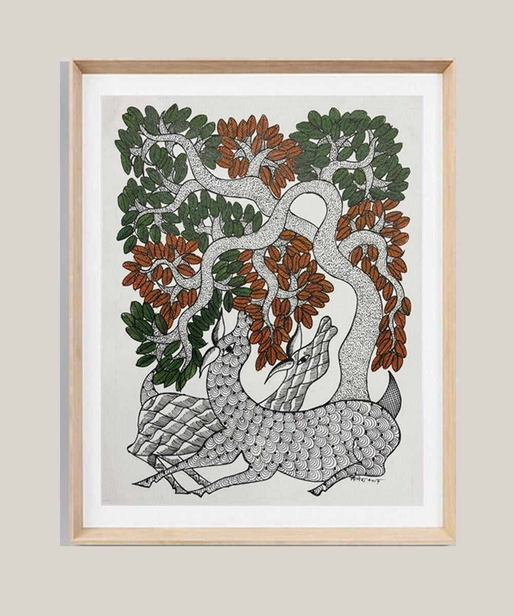 Gond Hand Painting | Two Deer | 11.5 x 15 Inches | Unframed