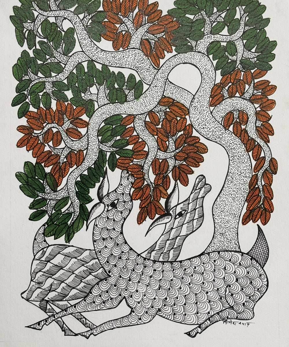 Gond Hand Painting | Two Deer | 11.5 x 15 Inches | Unframed