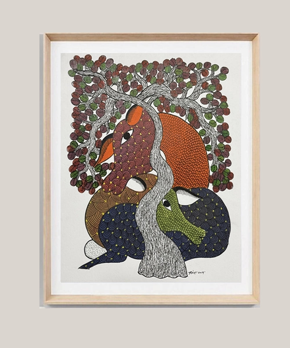 Gond Painting | Deer & Tree | 11.5 x 15 Inches | Unframed