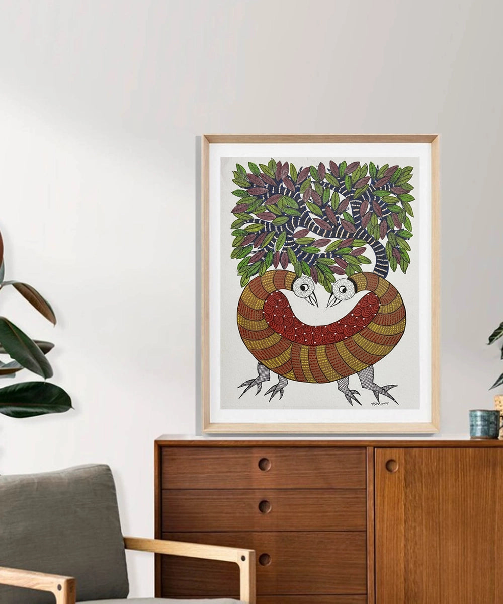 Gond Hand Painting | Peacock | 11.5 x 15 Inches | Unframed