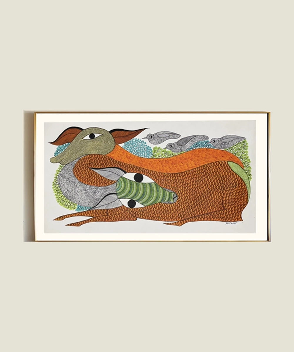 Gond Painting | Deer & Birds | 1.5 x 3 Feet | Unframed