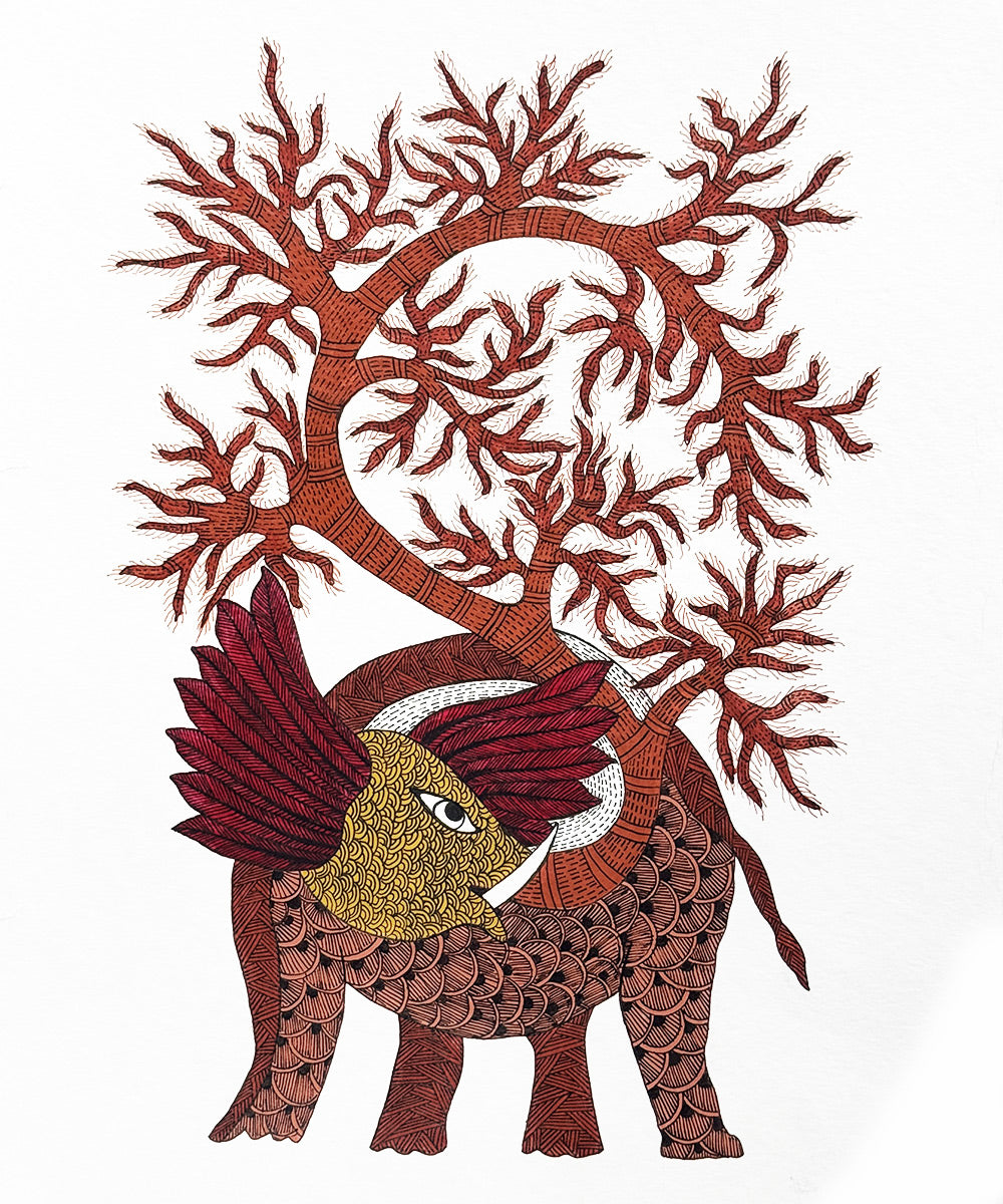 Gond Hand Painting | Elephant | 11.5 x 15 Inches | Unframed