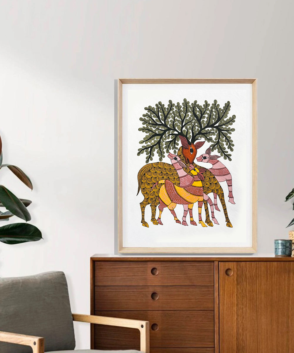 Gond Hand Painting | Mother Deer with baby | 11.5 x 15 Inches | Unframed