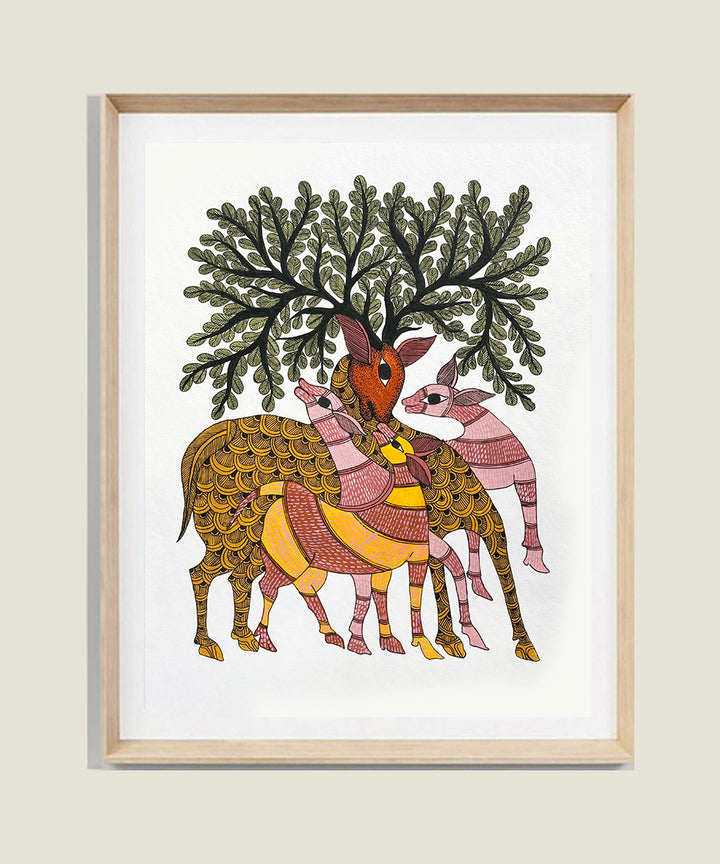 Gond Hand Painting | Mother Deer with baby | 11.5 x 15 Inches | Unframed