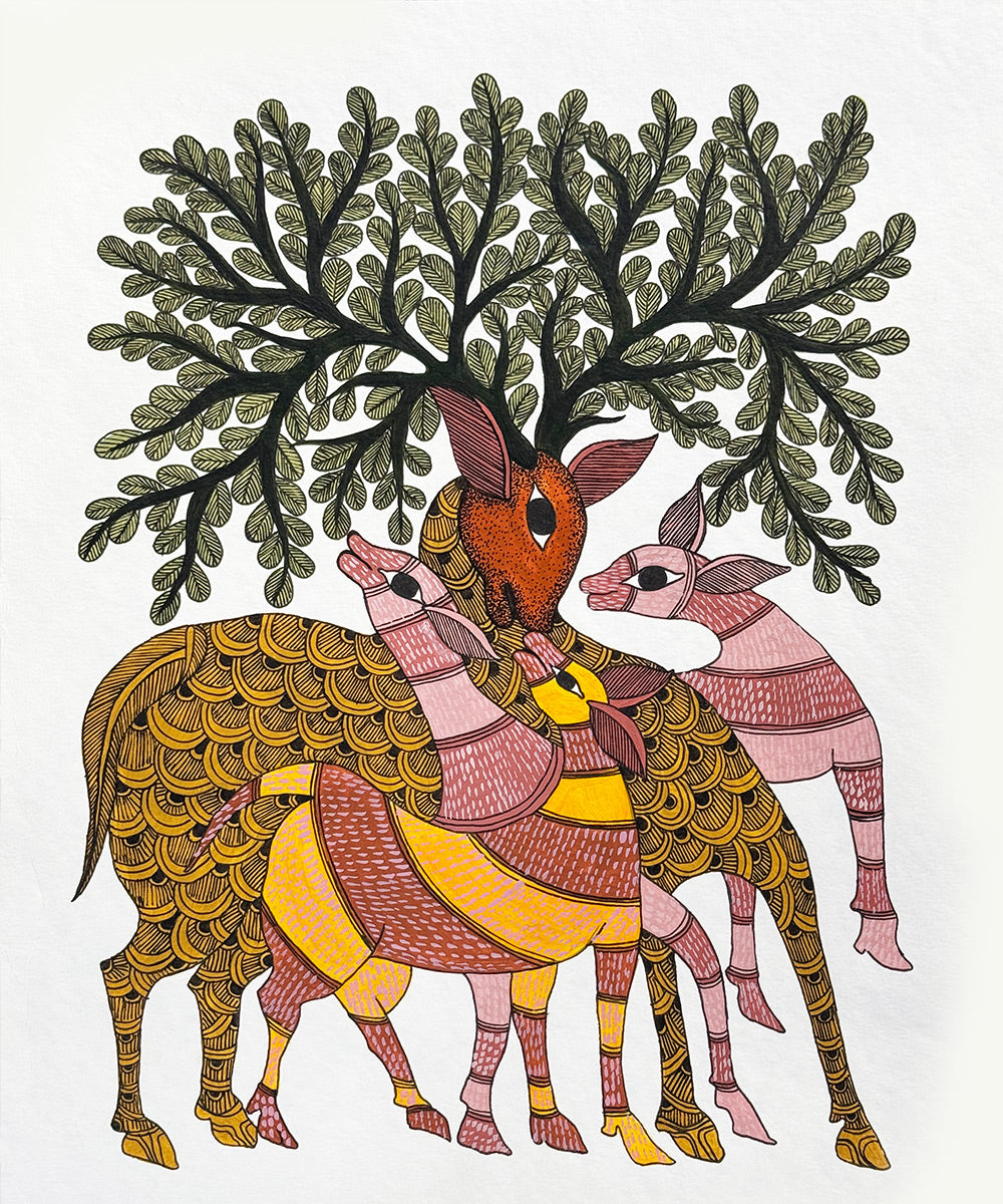 Gond Hand Painting | Mother Deer with baby | 11.5 x 15 Inches | Unframed