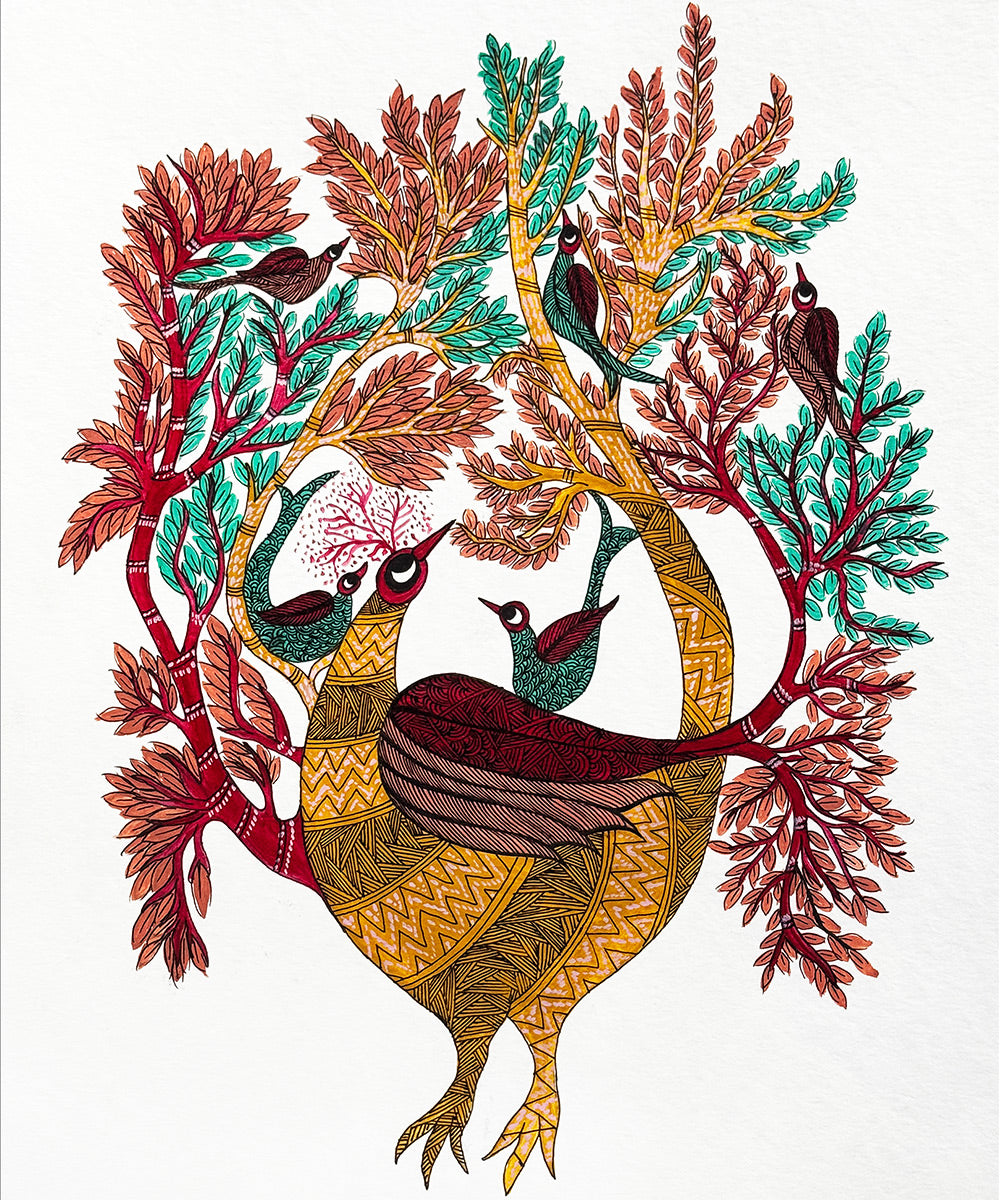 Gond Hand Painting | Peacock | 11.5 x 15 Inches | Unframed