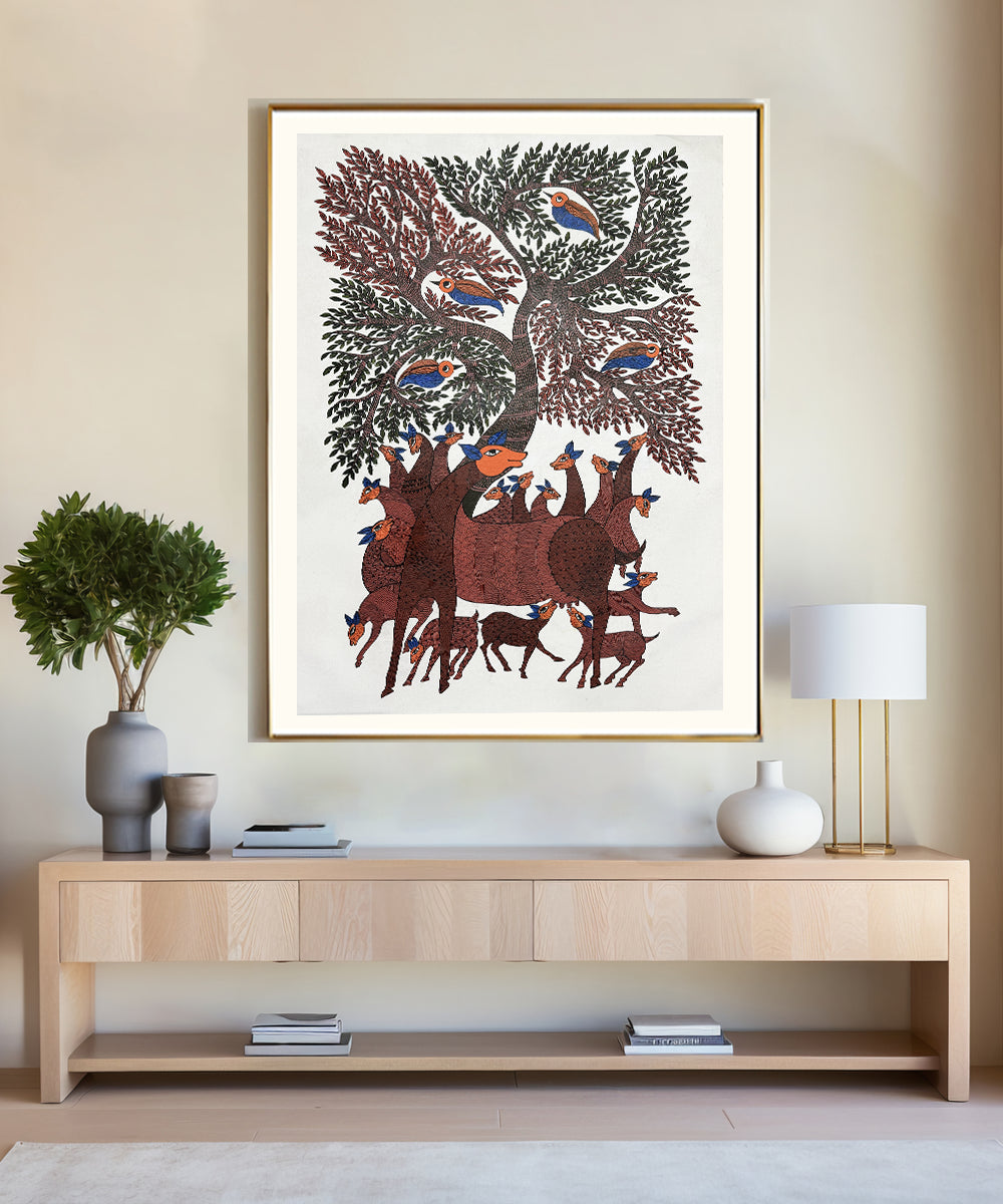 Gond Hand Painting | Mother & Baby Deer | 2 x 3 Feet | Unframed