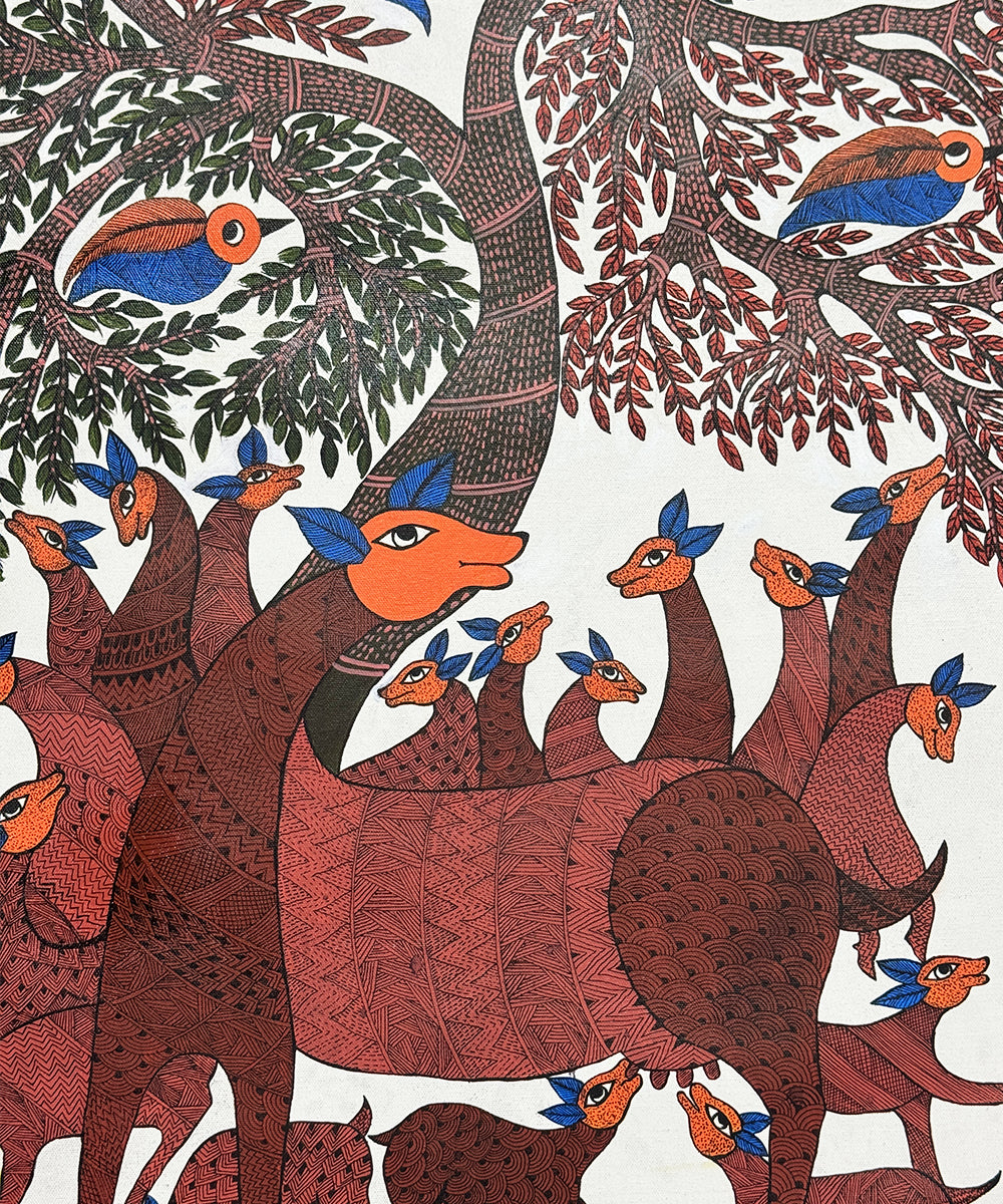 Gond Hand Painting | Mother & Baby Deer | 2 x 3 Feet | Unframed