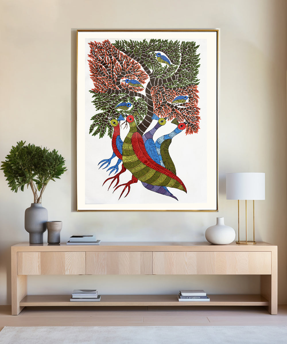 Gond Hand Painting | Peacocks & Birds | 2 x 3 Feet | Unframed