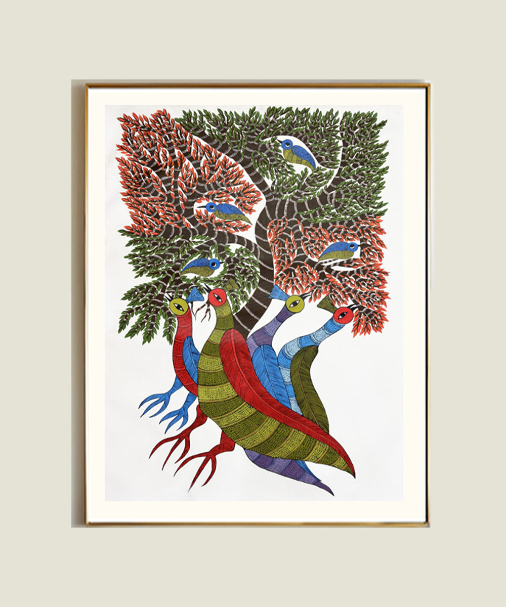 Gond Hand Painting | Peacocks & Birds | 2 x 3 Feet | Unframed