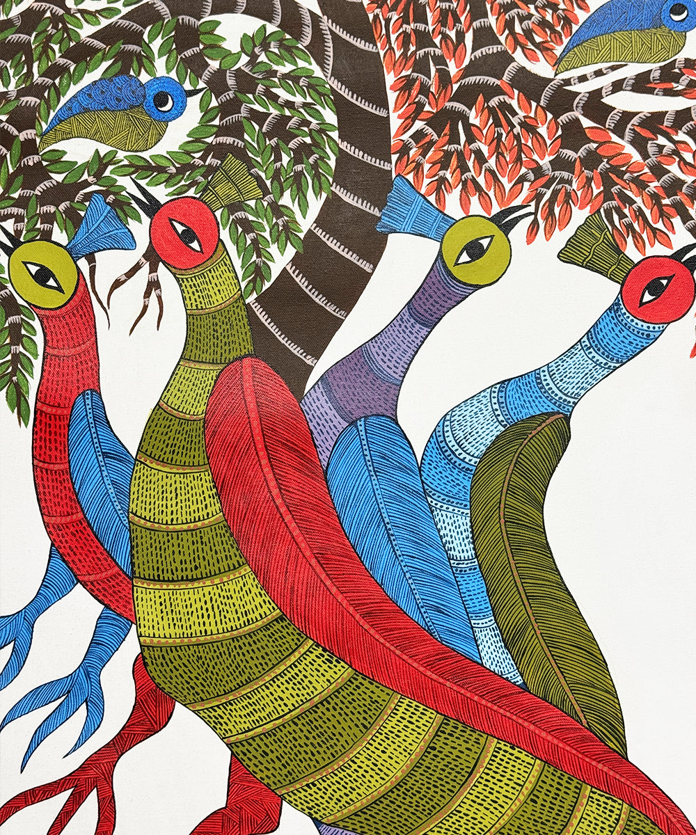 Gond Hand Painting | Peacocks & Birds | 2 x 3 Feet | Unframed