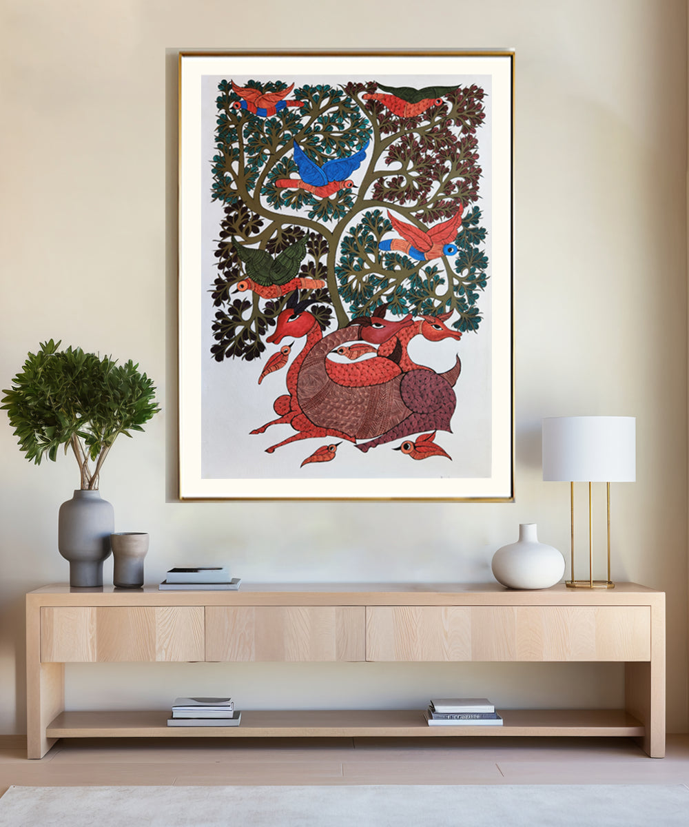 Gond Hand Painting | Tree & Deer | 2 x 3 Feet | Unframed