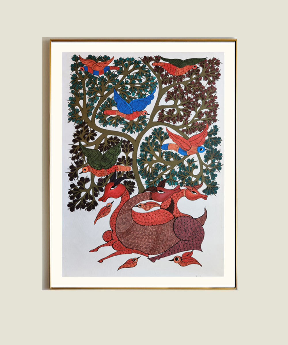 Gond Hand Painting | Tree & Deer | 2 x 3 Feet | Unframed
