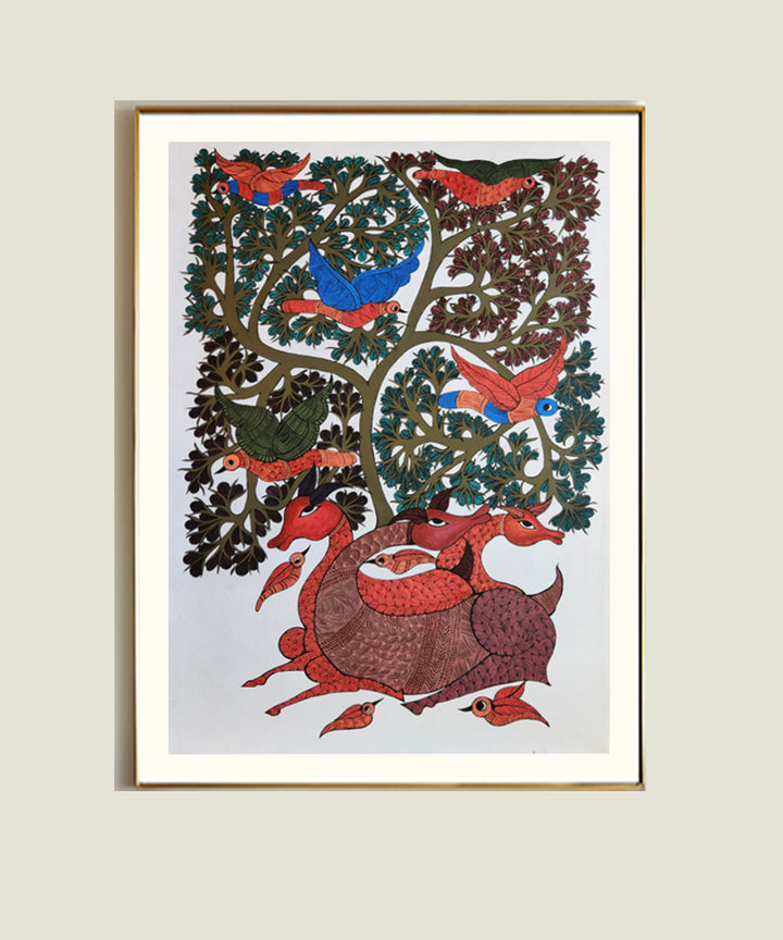 Gond Hand Painting | Tree & Deer | 2 x 3 Feet | Unframed