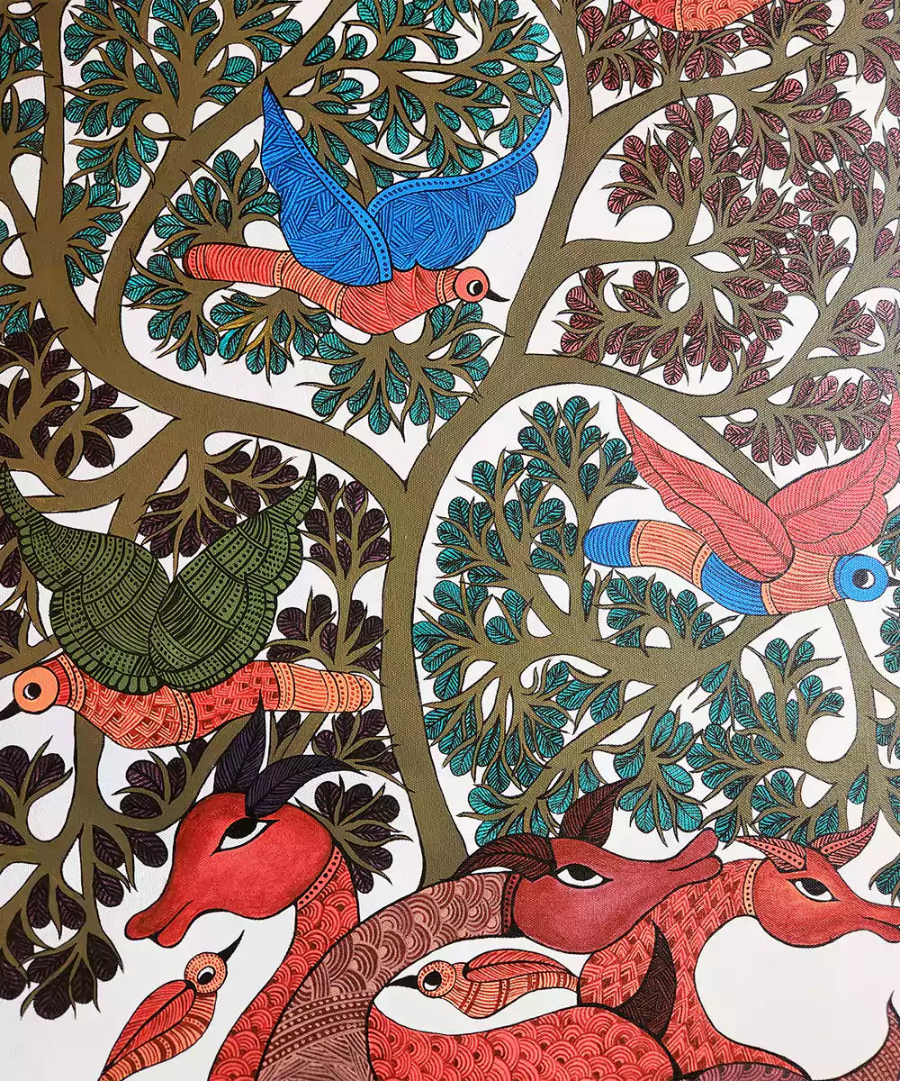 Gond Hand Painting | Tree & Deer | 2 x 3 Feet | Unframed