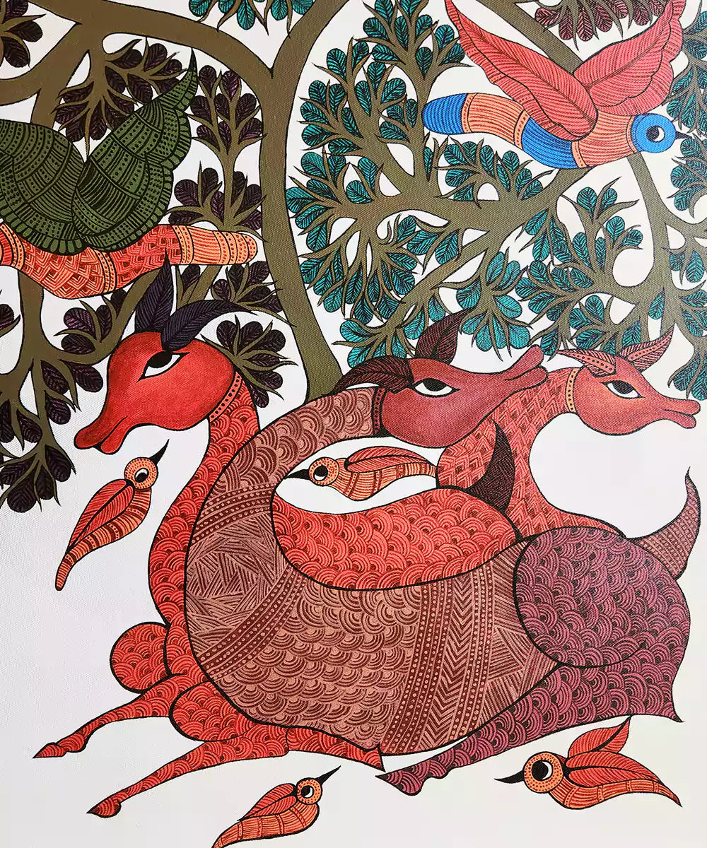 Gond Hand Painting | Tree & Deer | 2 x 3 Feet | Unframed