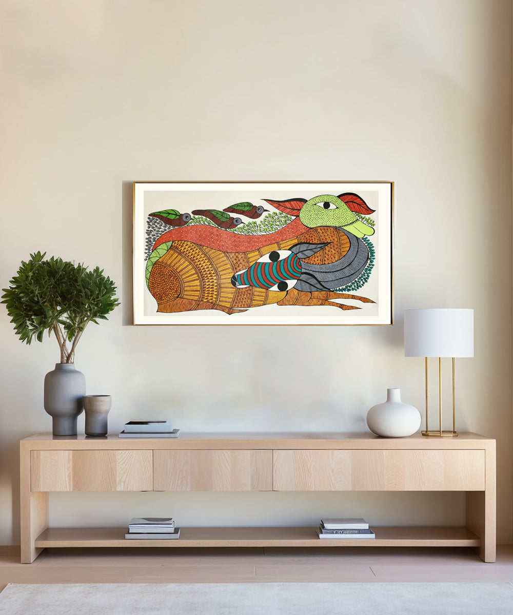 Gond Hand Painting | Deer & 3 birds | 42 x 23 Inches | Unframed