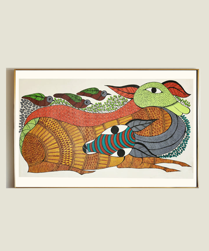 Gond Hand Painting | Deer & 3 birds | 42 x 23 Inches | Unframed