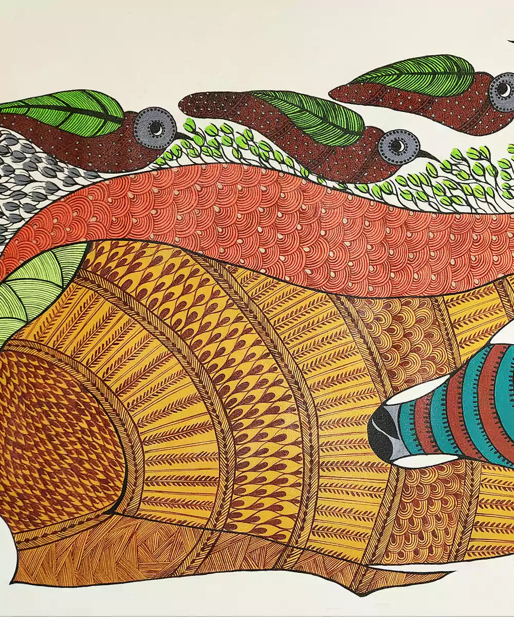 Gond Hand Painting | Deer & 3 birds | 42 x 23 Inches | Unframed