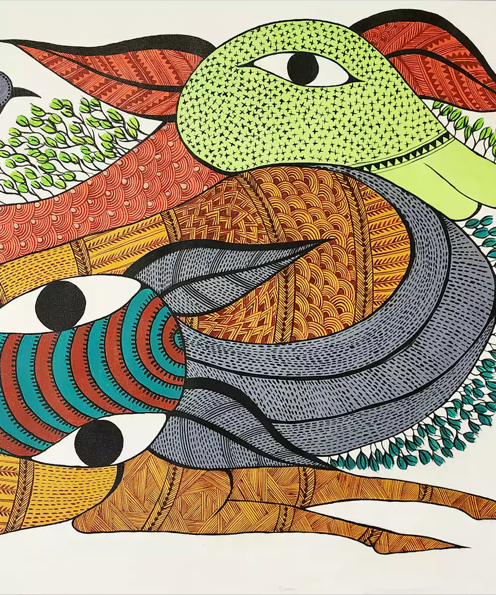Gond Hand Painting | Deer & 3 birds | 42 x 23 Inches | Unframed