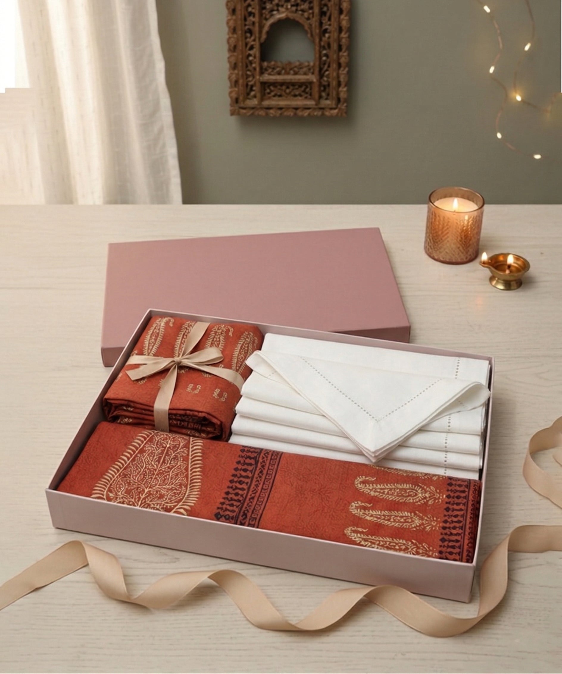 Rust Block Print Table Linen Gift Set | 1 Runner + 6 Mats + 6 Napkins