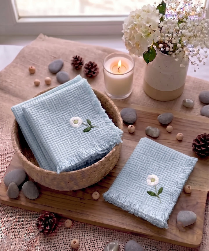 Embroidered Face Towel - Set of 4 pcs in Soft Cotton Waffle | Light Blue