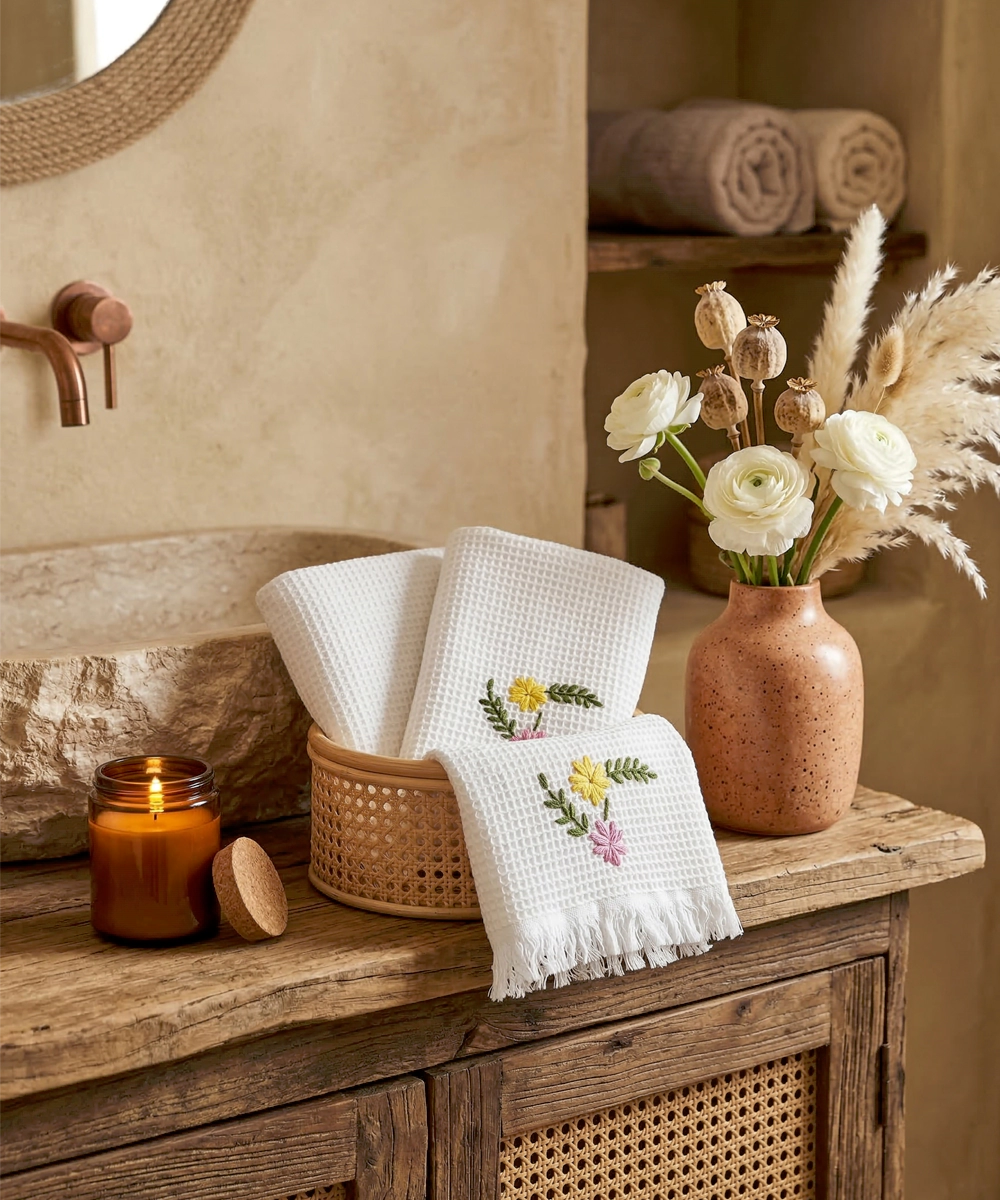 Embroidered Hand Towel - Set of 2 pcs in Soft Cotton Waffle | White