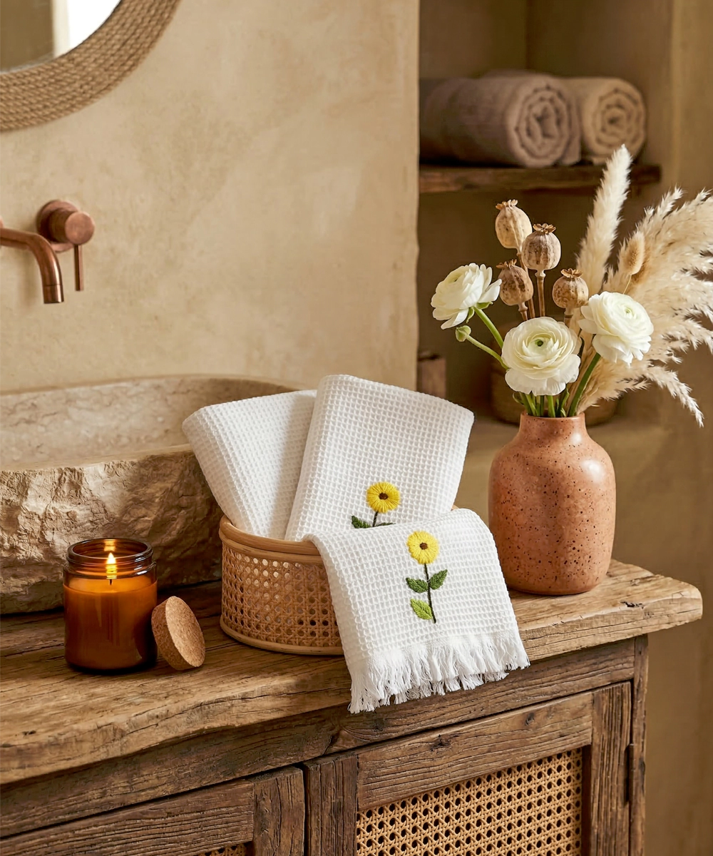 Embroidered Hand Towel - Set of 2 pcs in Soft Cotton Waffle | White