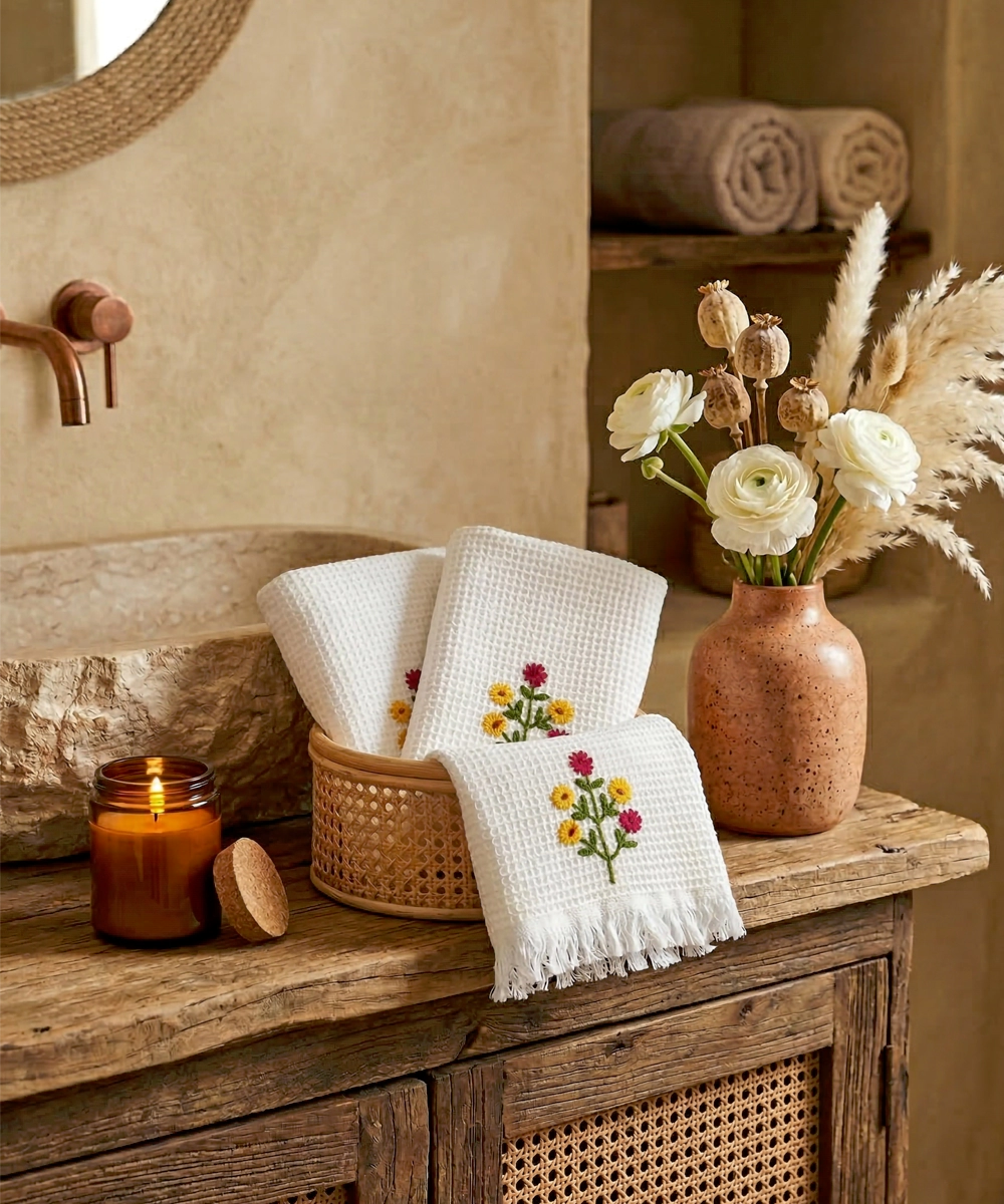 Embroidered Hand Towel - Set of 2 pcs in Soft Cotton Waffle | White