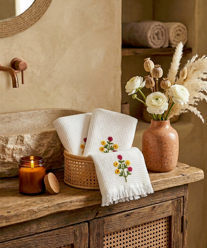 Embroidered Hand Towel - Set of 2 pcs in Soft Cotton Waffle | White
