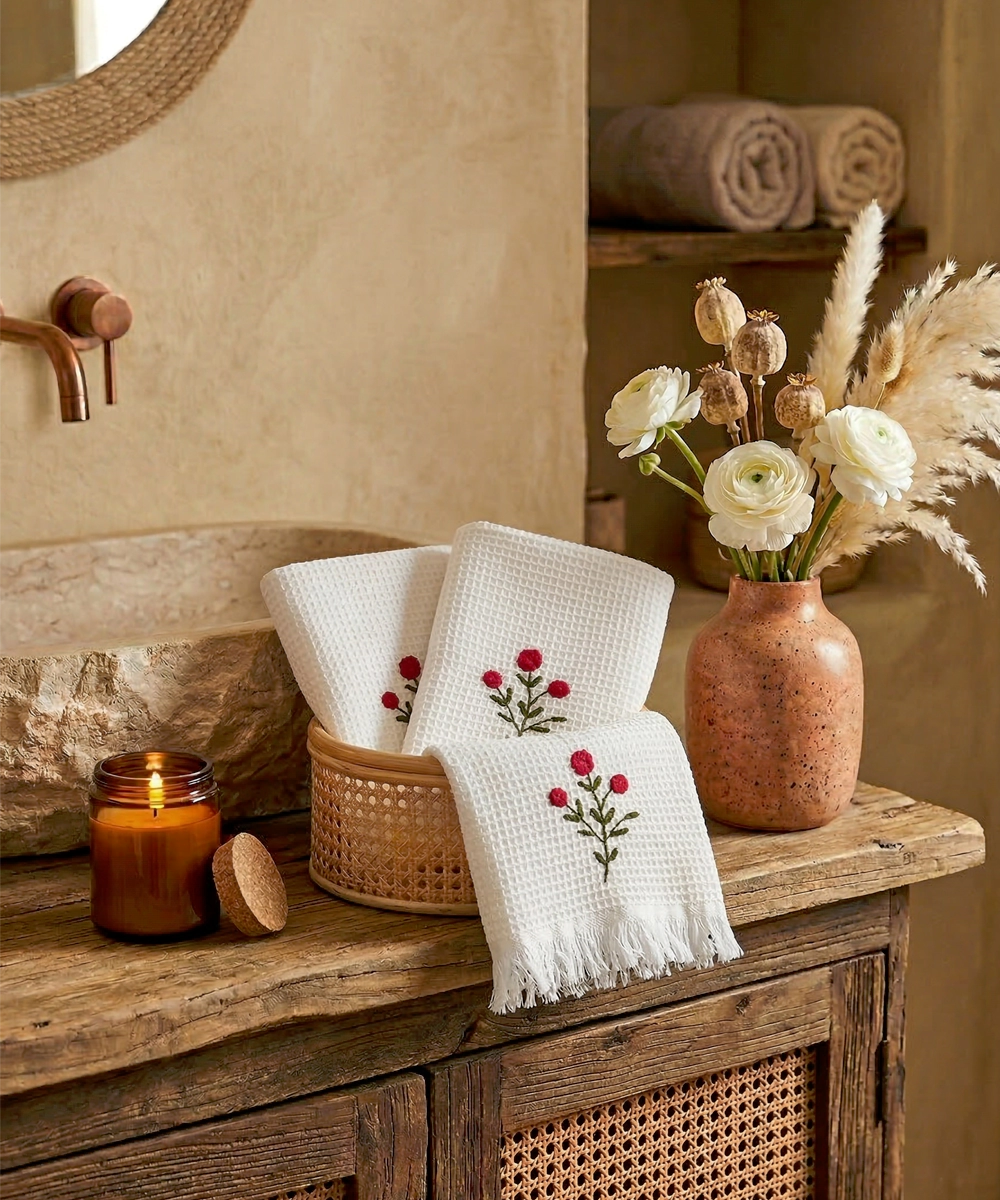 Embroidered Hand Towel - Set of 2 pcs in Soft Cotton Waffle | White